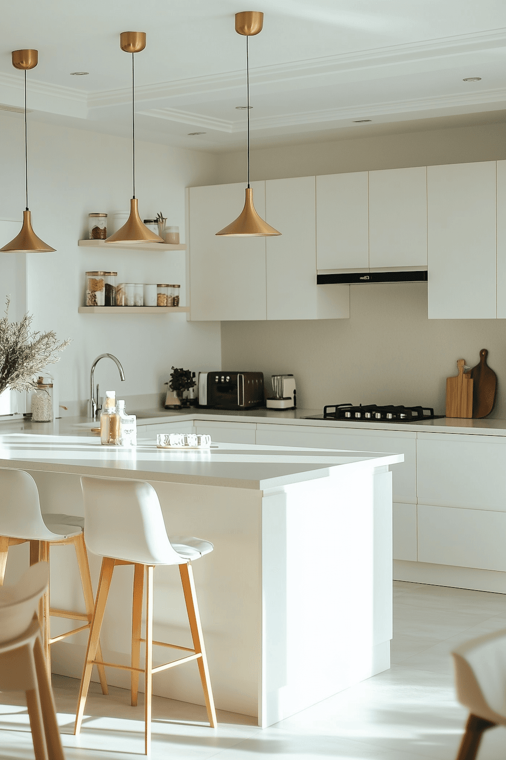 Bright modern kitchen with pale cabinets, brass pendant lights and a long island