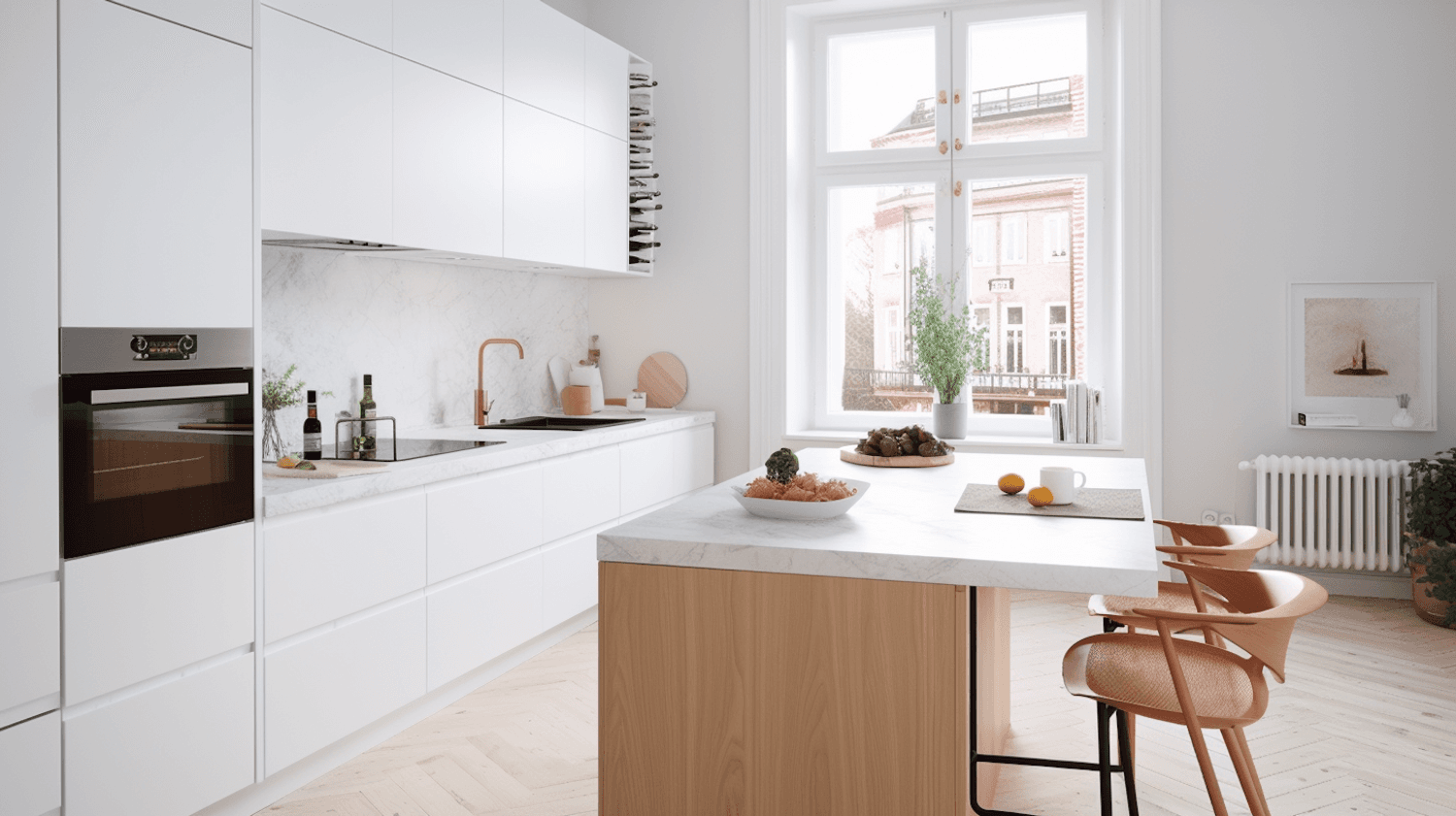 Modern kitchen with white cabinetry, marble counters and warm timber accents