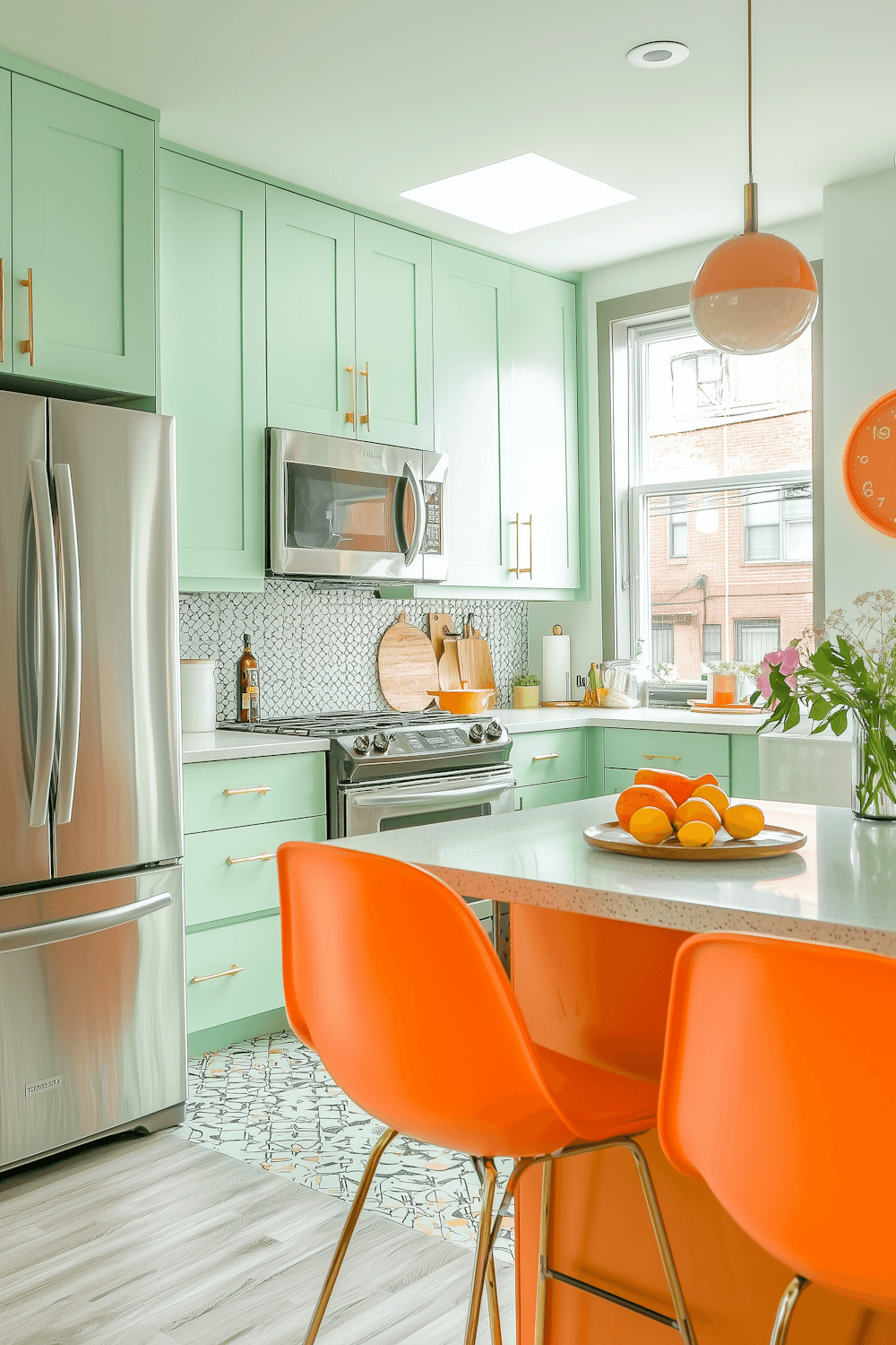 Kitchen with sage green cabinets, stainless appliances and coloured bar stools