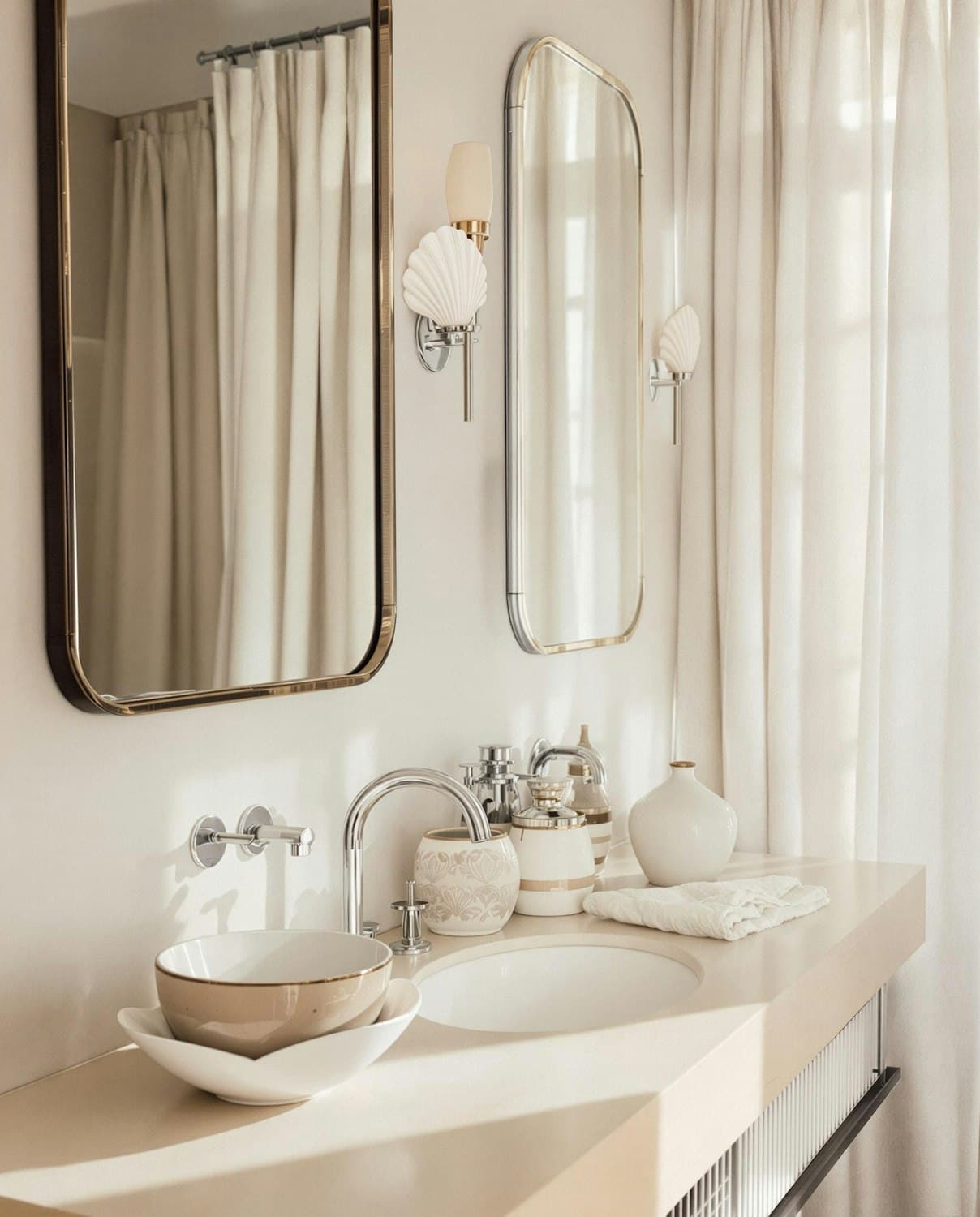Elegant double vanity in soft neutral tones with twin mirrors and wall sconces