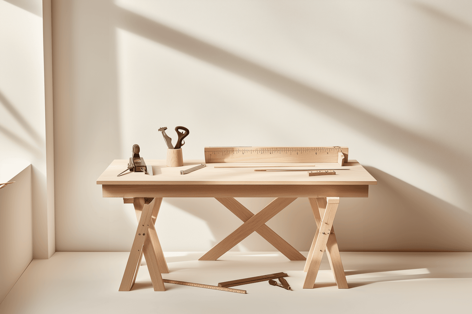 Hand tools laid out on a workbench in the PreCon shop